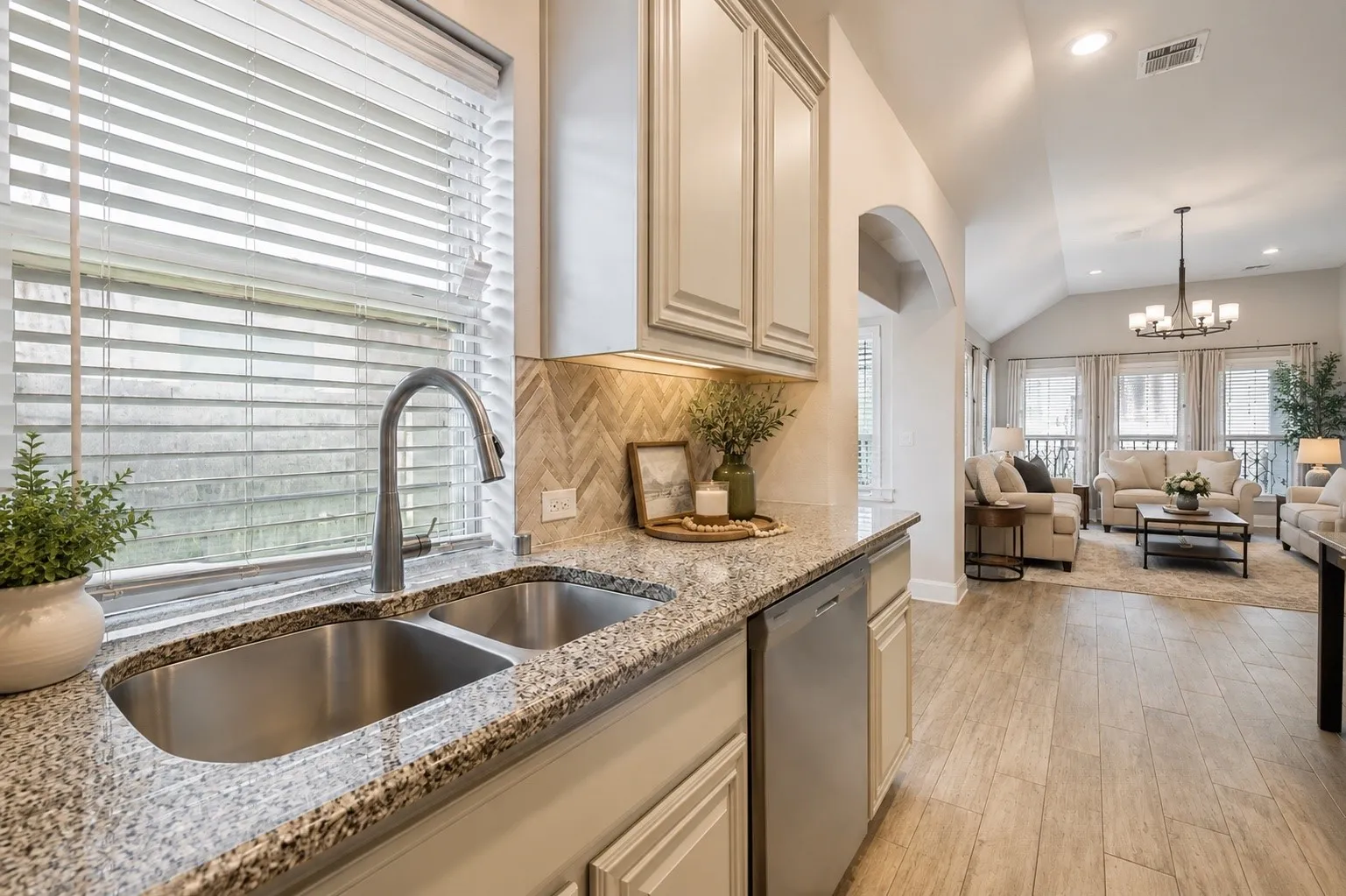 Kitchen sink area featuring a dual stainless steel basin, mottled granite-finish countertop, and a gooseneck faucet