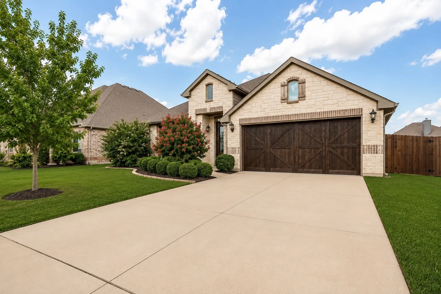 Stone and brick facade featuring a two-car garage with wood-finish doors