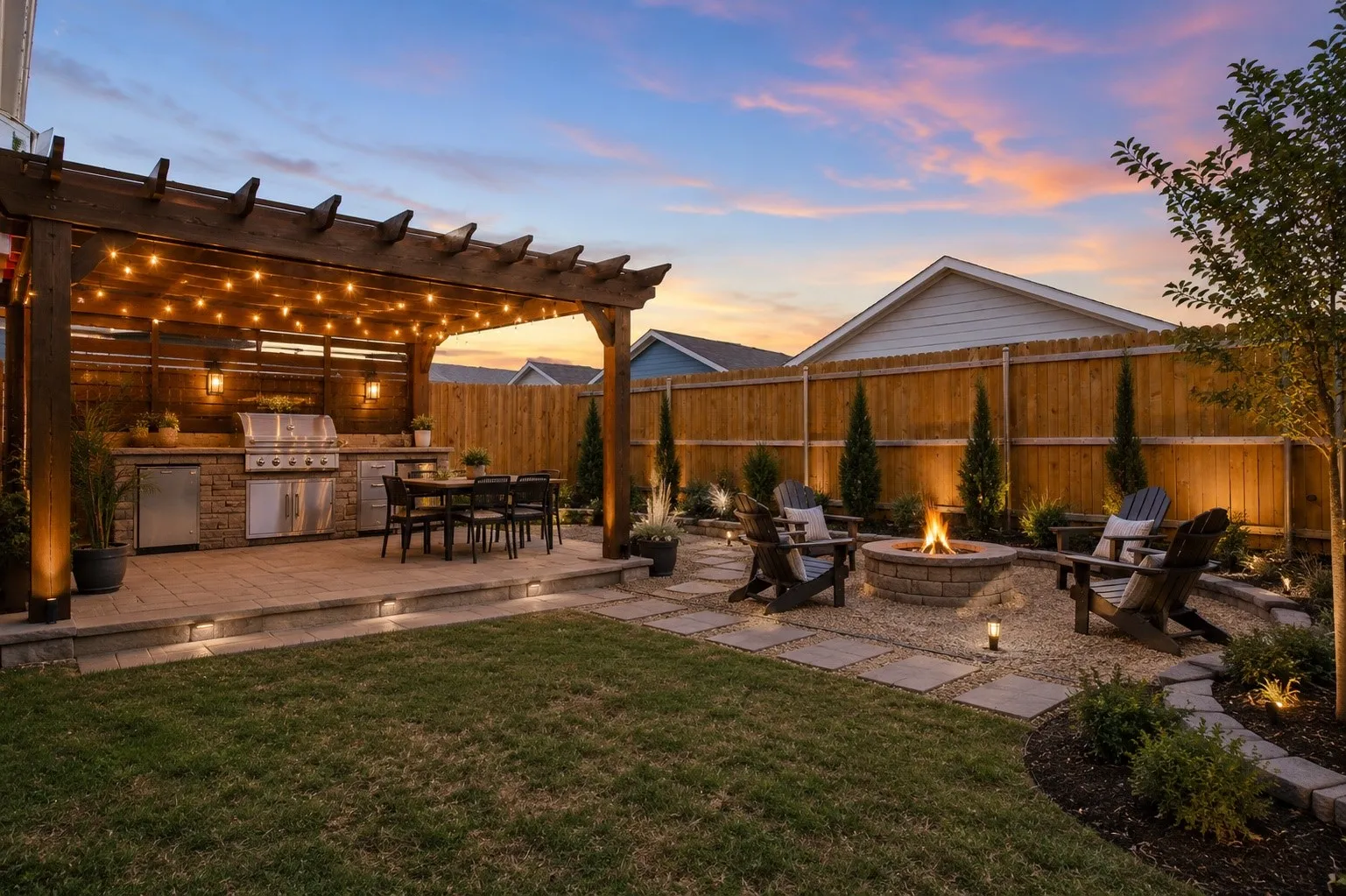 Expansive backyard featuring a pergola-covered outdoor kitchen with built-in grill and refrigerator, a paved dining area, a stone fire pit area with gravel, and low-voltage landscape lighting
