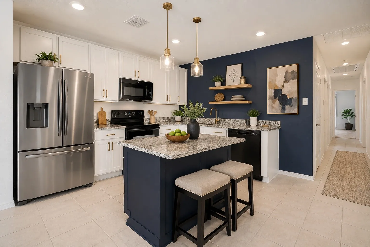 Modern kitchen featuring a central island with seating, stainless steel appliances, granite countertops, and white cabinetry