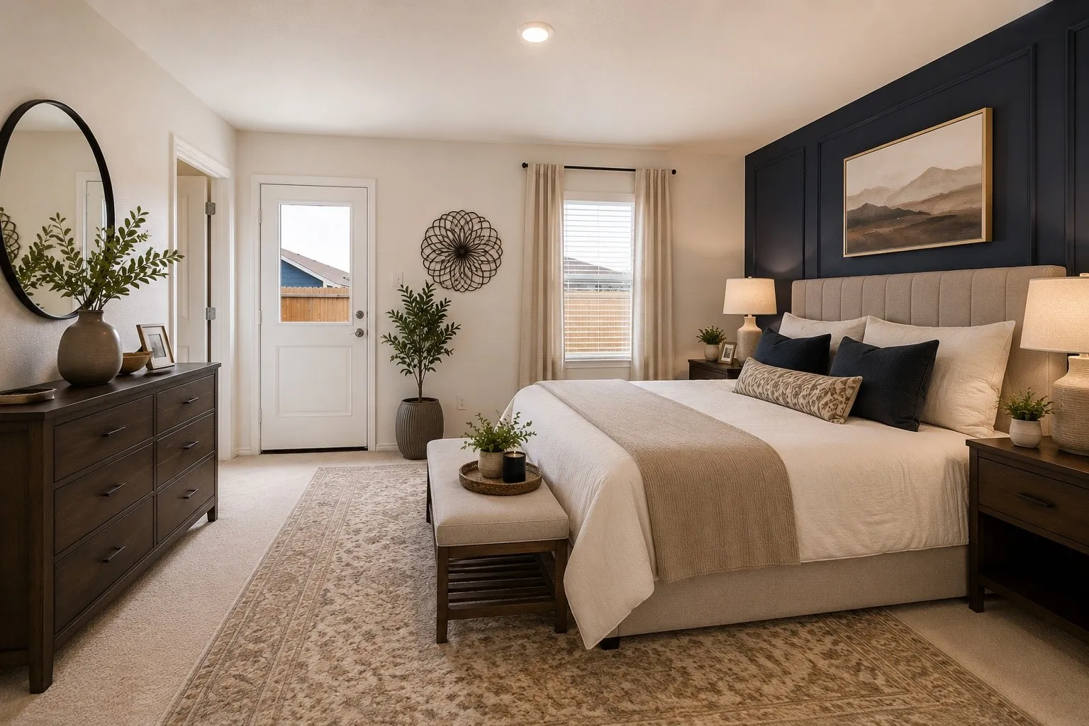 Virtually Staged Carpeted room featuring a white paneled door, a dark blue accent wall with panel molding, a recessed ceiling light, and a window with blinds