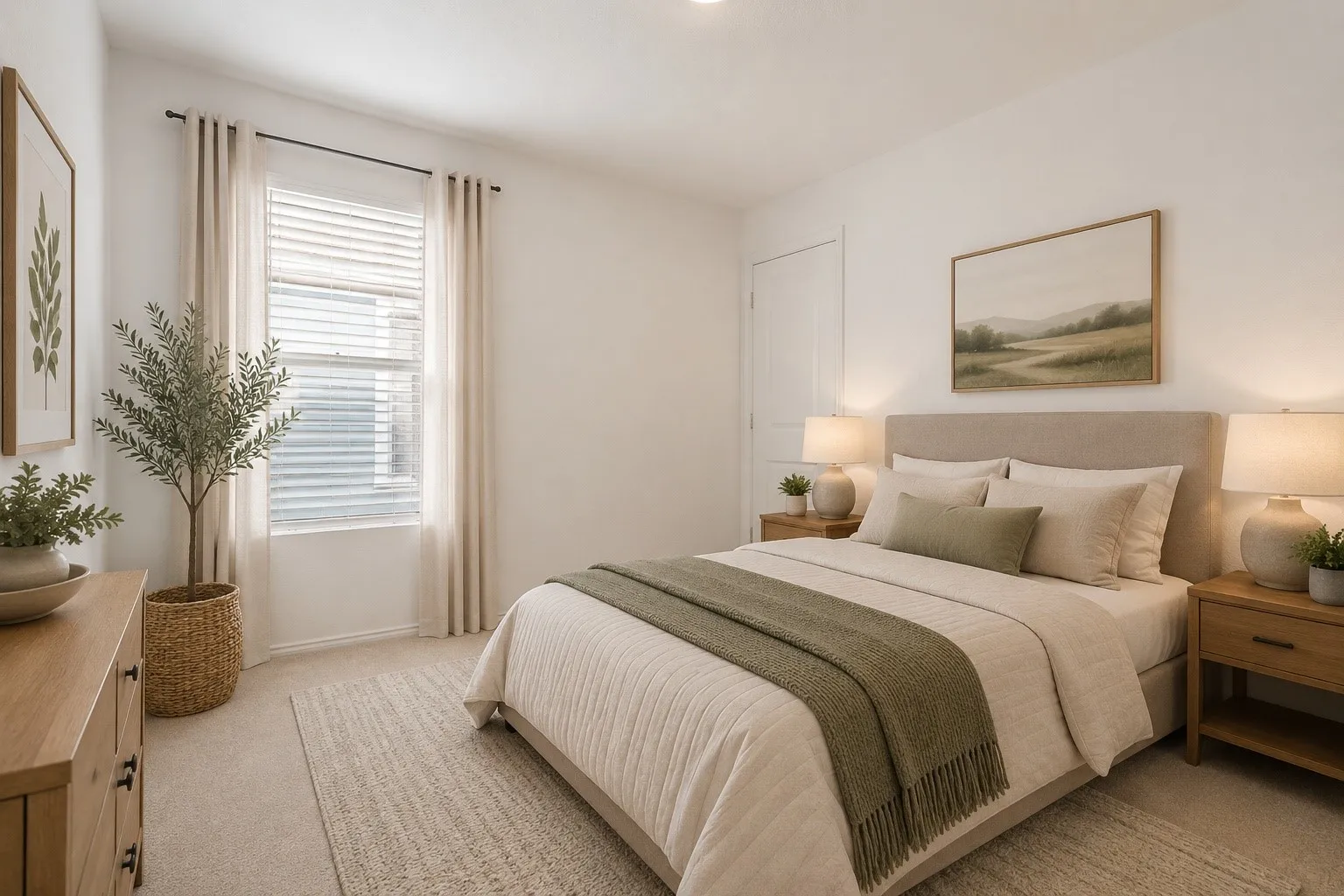 Bright bedroom featuring neutral carpet flooring and a double window with blinds and drapes