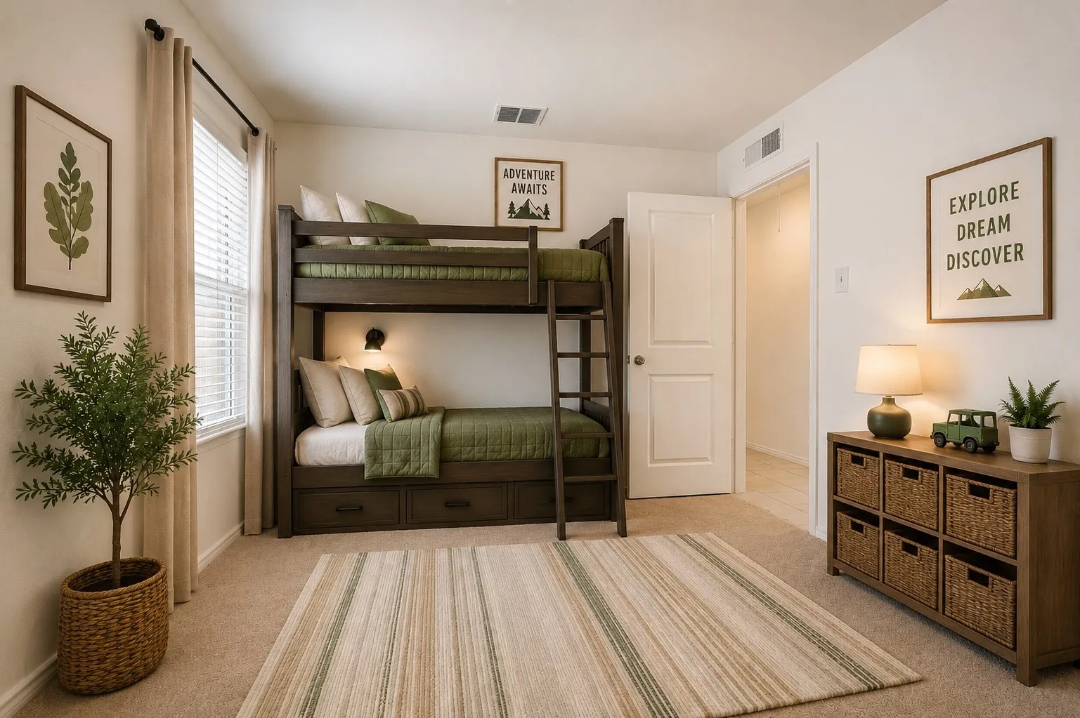 Carpeted bedroom featuring a window with blinds, a dark wood bunk bed with integrated storage, and a built-in wall light fixture