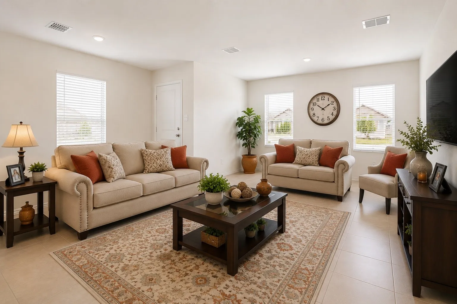 Bright living area featuring light-toned walls and large windows with blinds