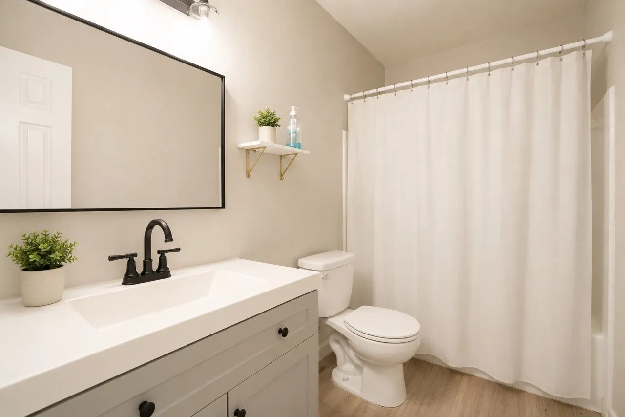 Bathroom featuring a light-toned vanity with a white countertop and integrated sink