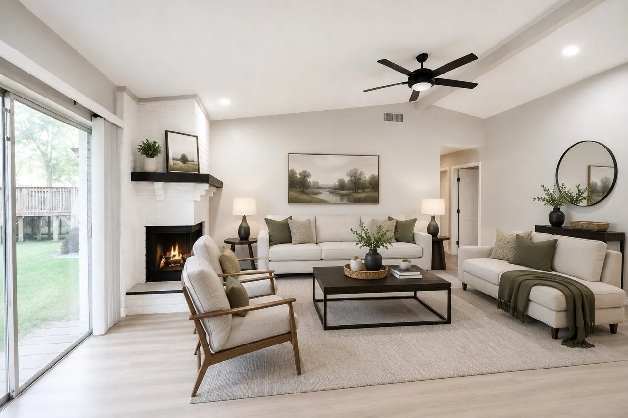 Spacious living area featuring a vaulted ceiling with exposed beams and a ceiling fan