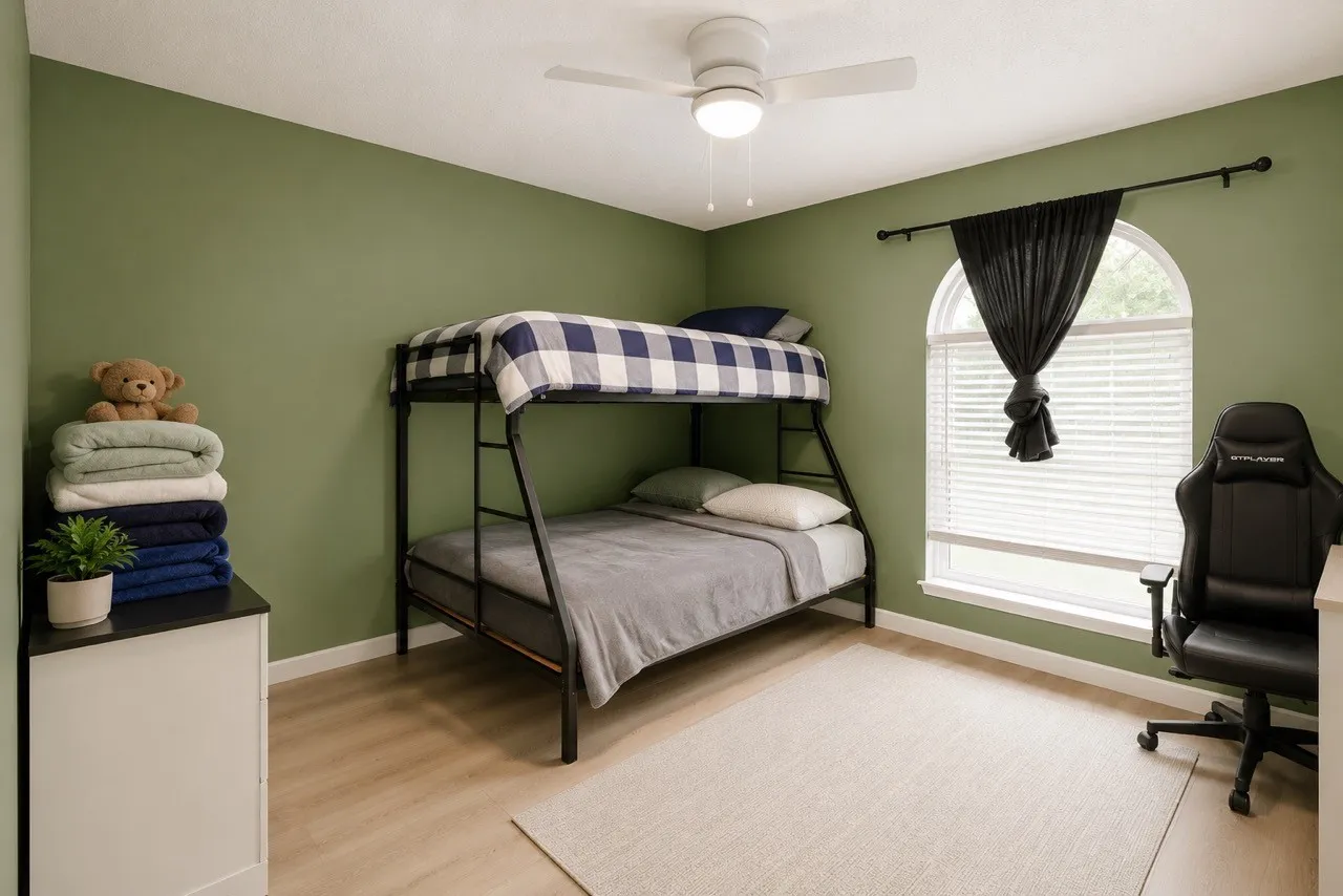 Spacious room featuring wood-finish flooring, an arched window with blinds, a ceiling fan with integrated lighting, and painted walls