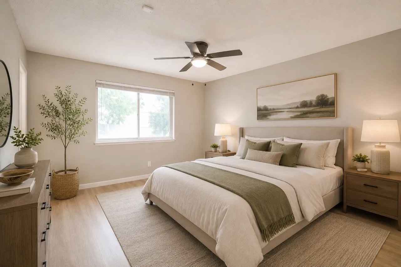 Spacious bedroom featuring light wood-finish flooring, a contemporary ceiling fan, and a large window with blinds