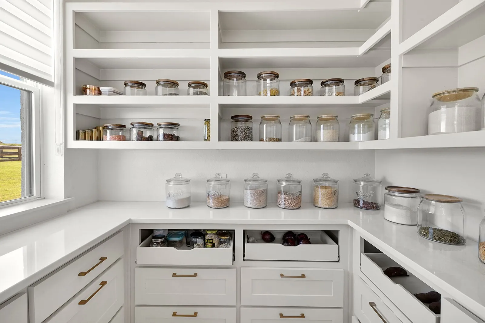 Well-appointed pantry featuring extensive shelving, white cabinetry with gold-tone hardware, and light-toned countertops