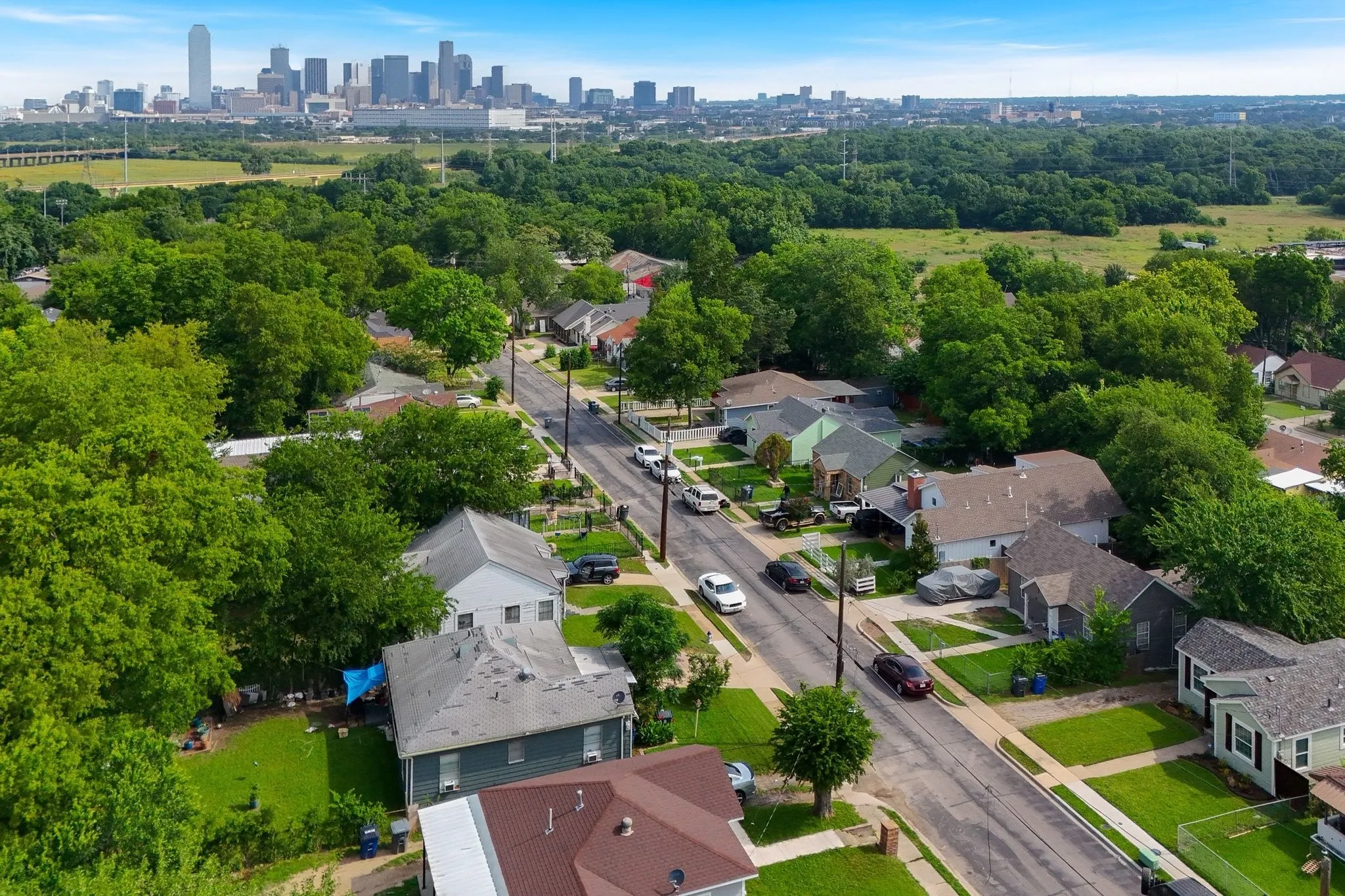 Residential neighborhood featuring mature trees and a distant city skyline