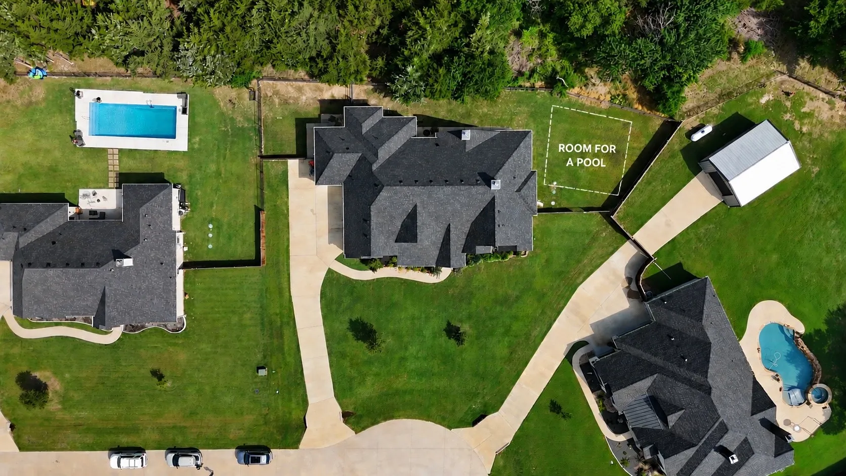 Partially fenced with room with a pool while still maintaining privacy of mature trees