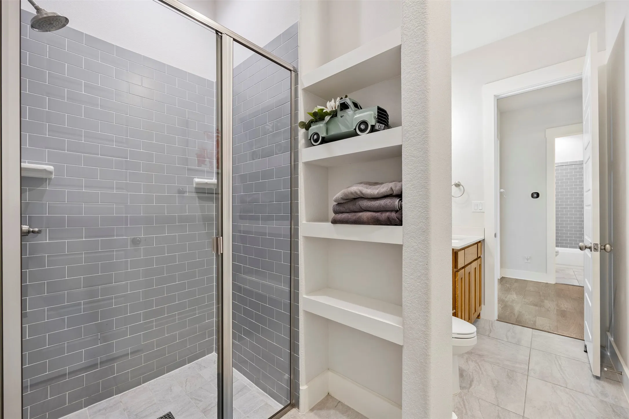 Separate Shower with Built in Shelves