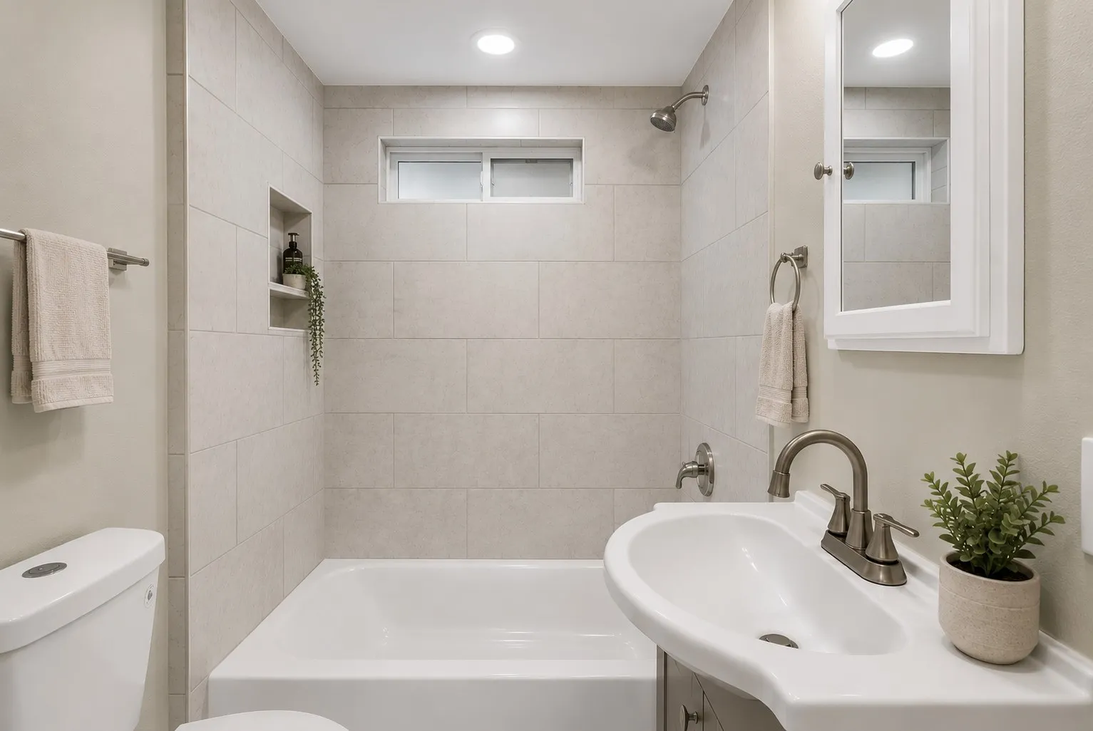 Full bathroom featuring a pedestal sink with brushed nickel hardware, a white bathtub, and light-toned rectangular wall tiling