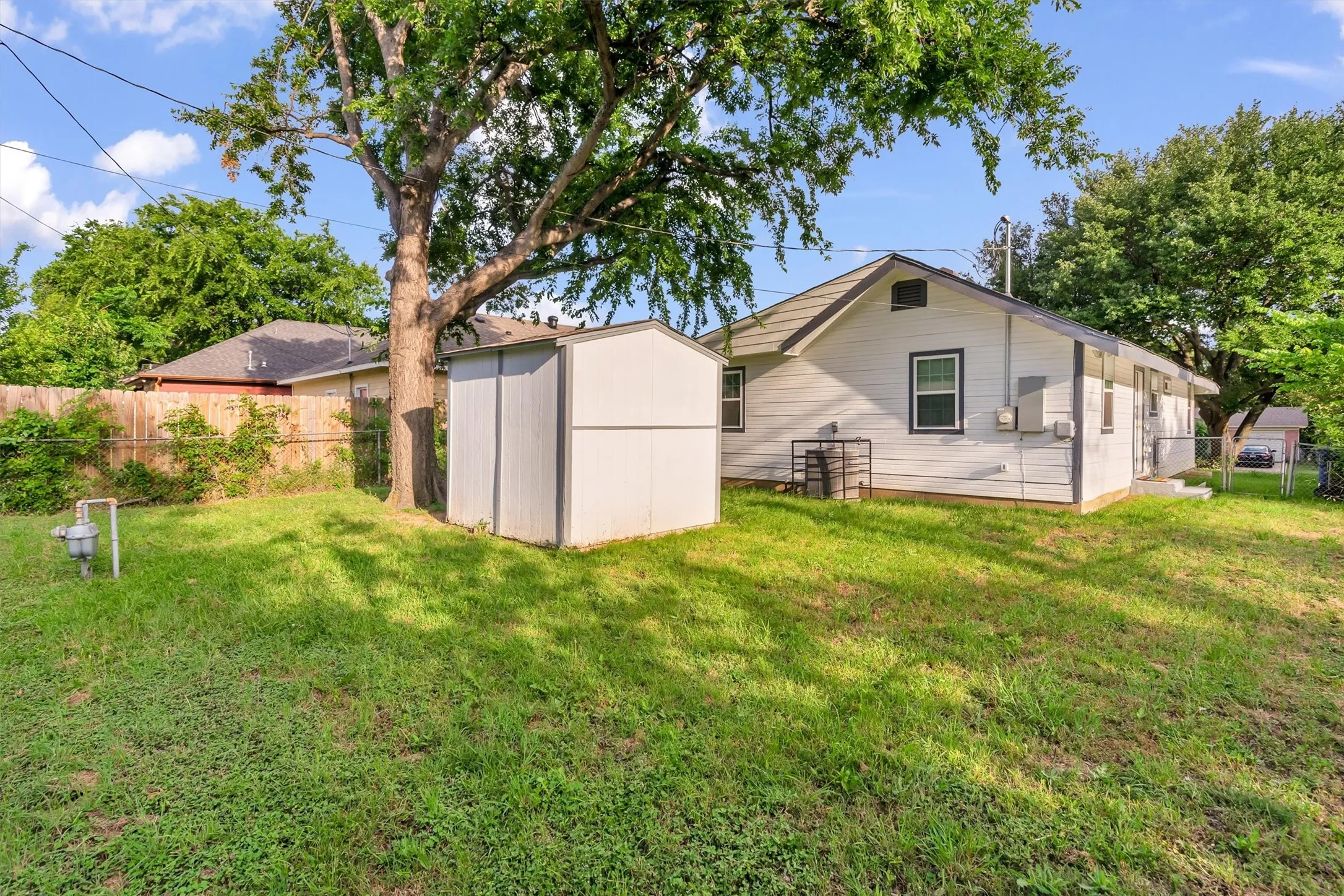 Spacious backyard featuring a large mature tree, a detached storage shed, and a privacy fence