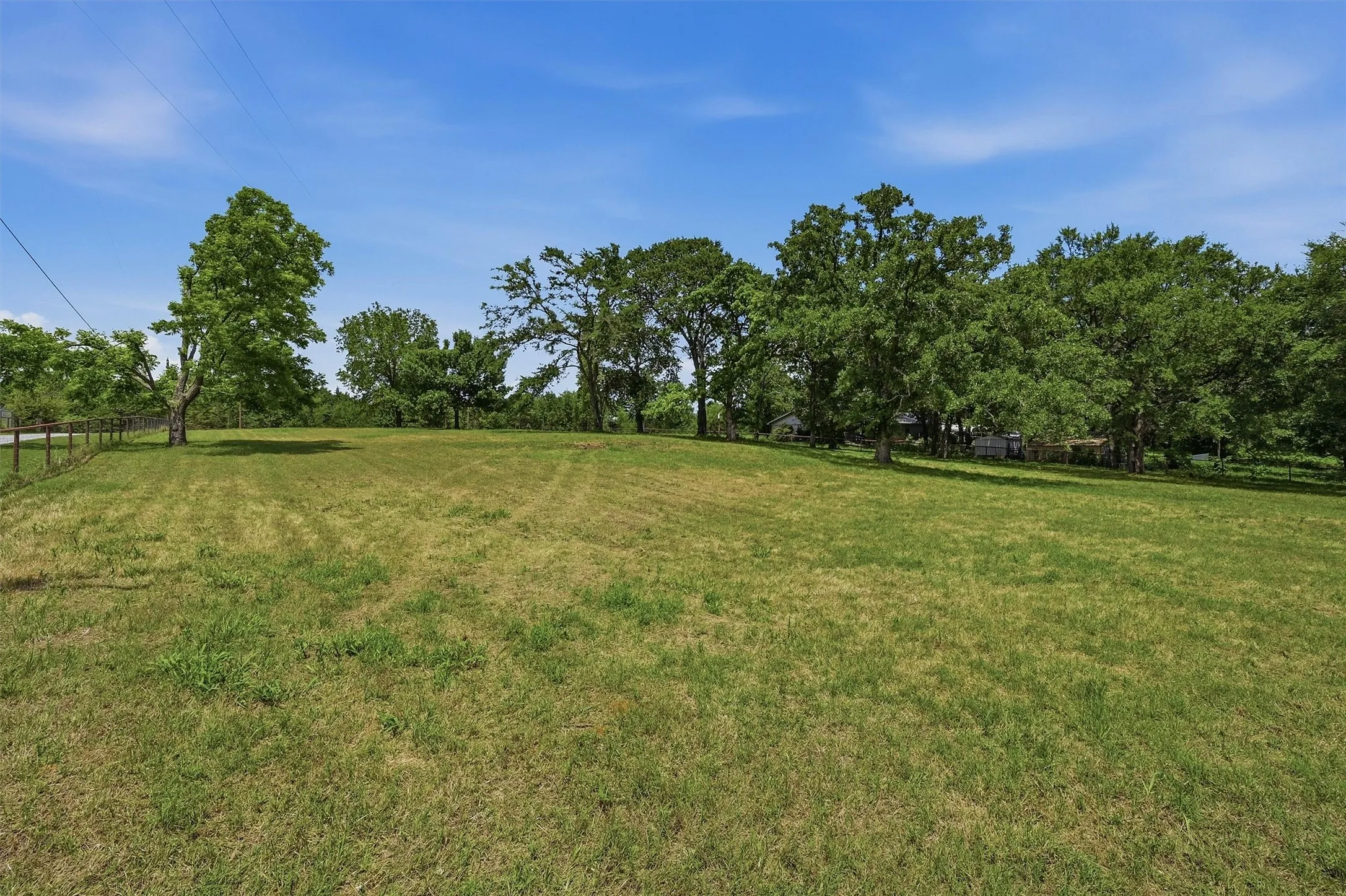 Expansive green space featuring a clear blue sky, mature trees, a partial wooden fence, and open grassy areas