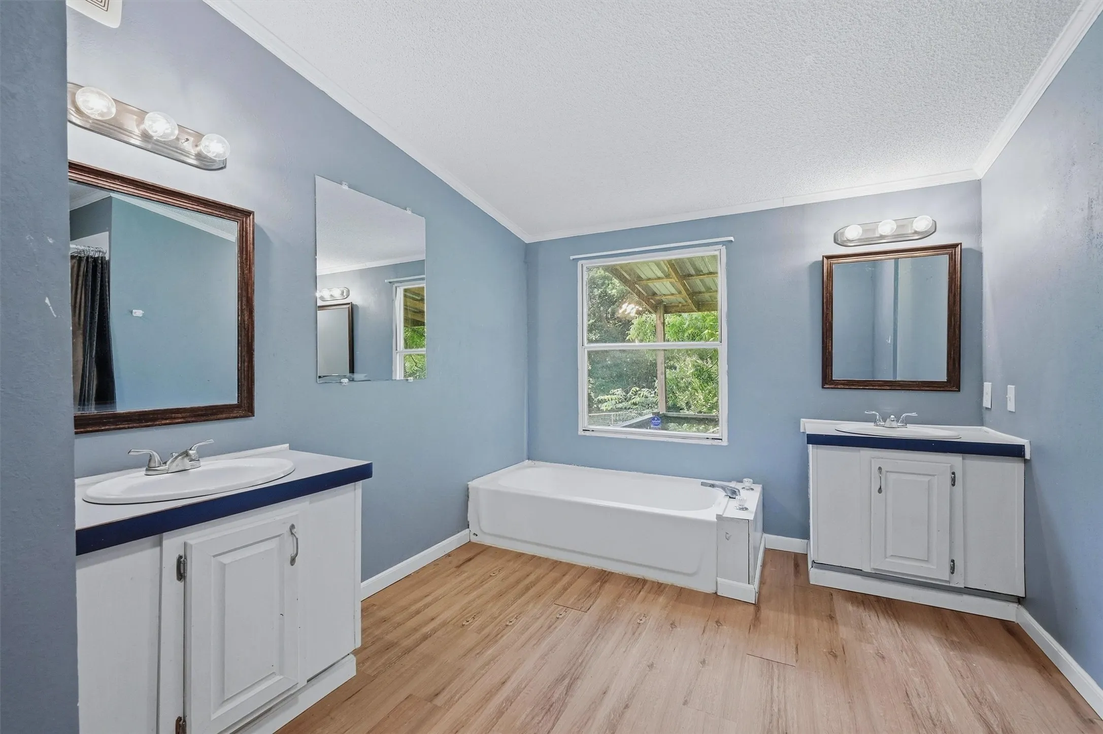 Spacious bathroom featuring wood-finish flooring and light blue walls
