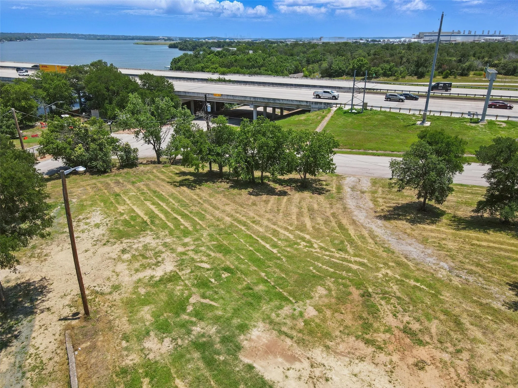 Aerial view of a nearby body of water