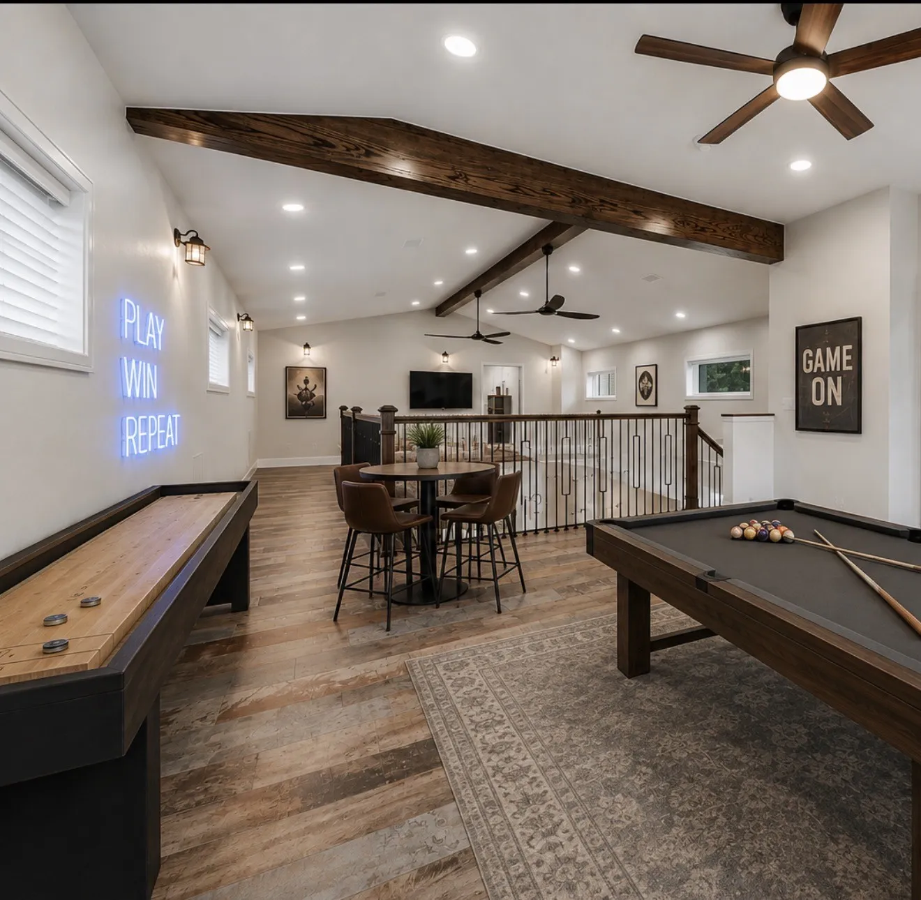 Upstairs flex room that can be game room or bedroom, virtually staged to show what it can be