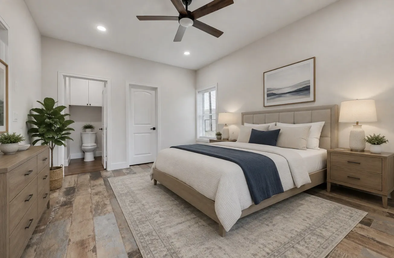 downstairs bedroom virtually staged. Has en-suite bathroom.