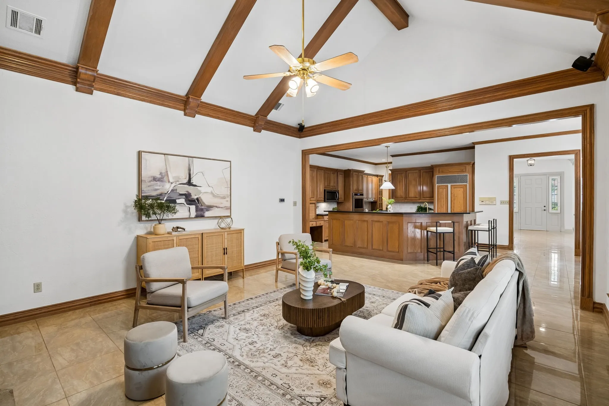 Vaulted ceiling with exposed wood beams