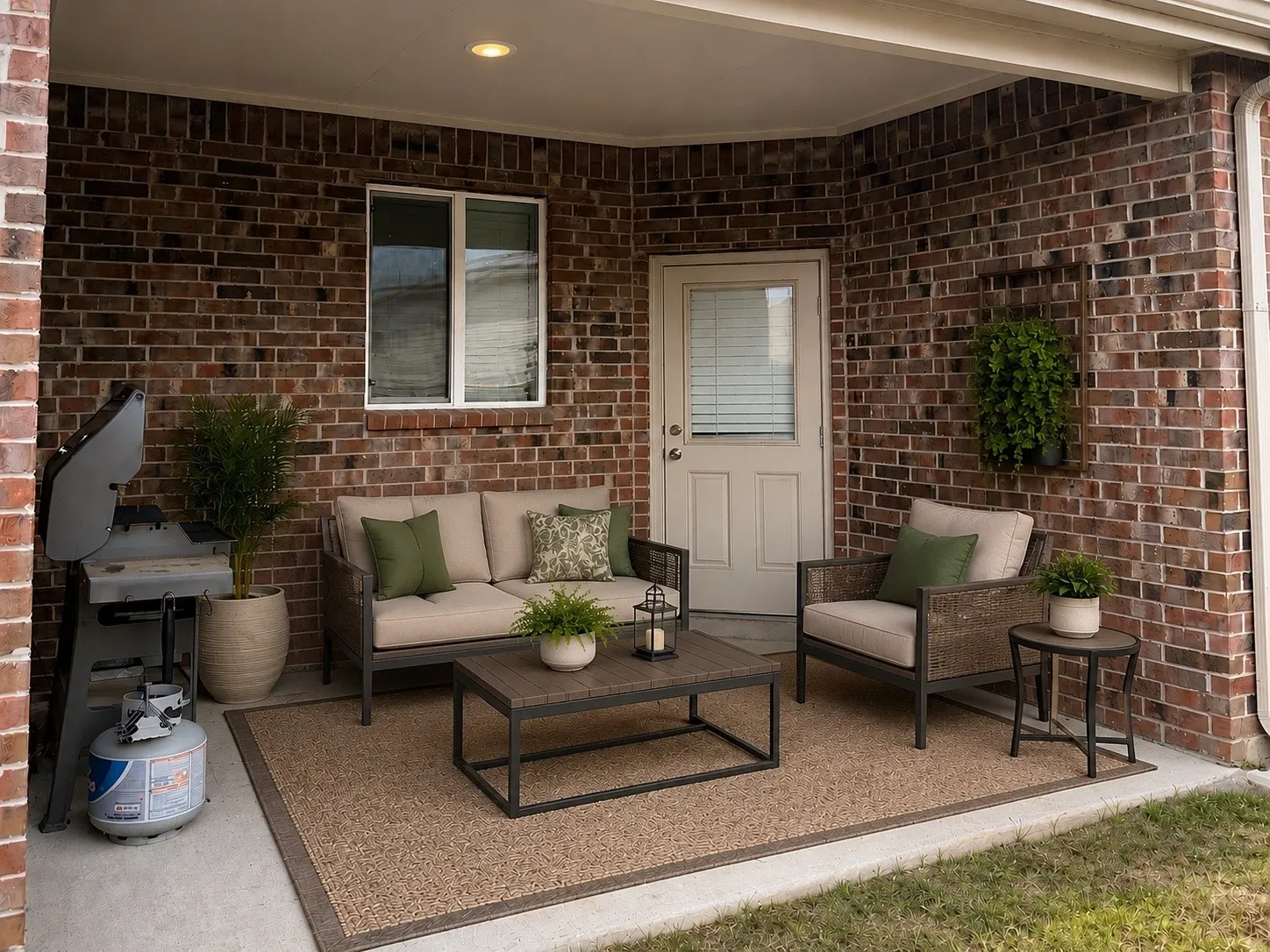 Covered patio featuring brick exterior walls and concrete flooring