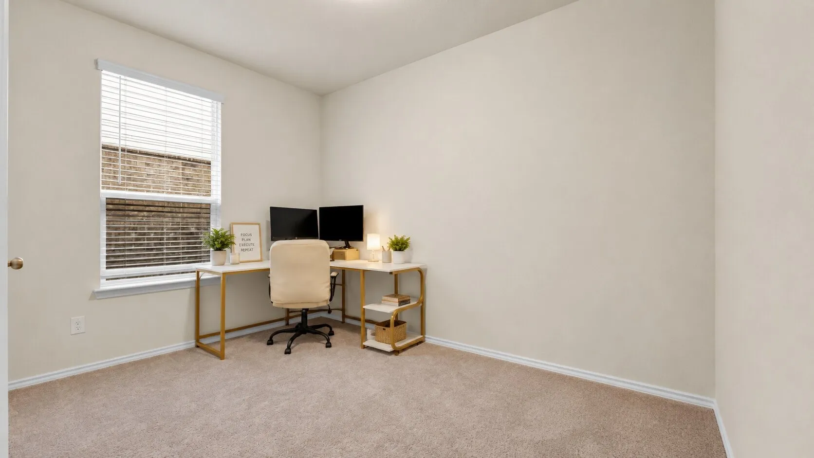 Carpeted room with closet, featuring light neutral wall paint, a single window with blinds, and white trim