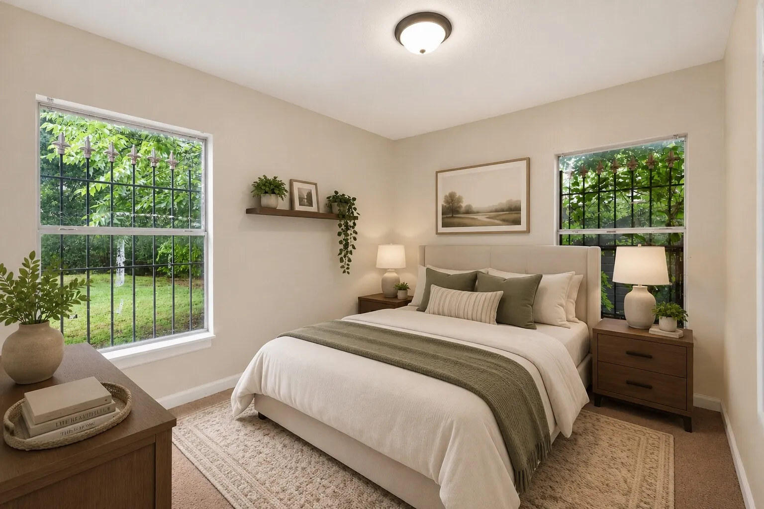 Carpeted bedroom with neutral-toned walls, featuring two large windows with security bars overlooking greenery