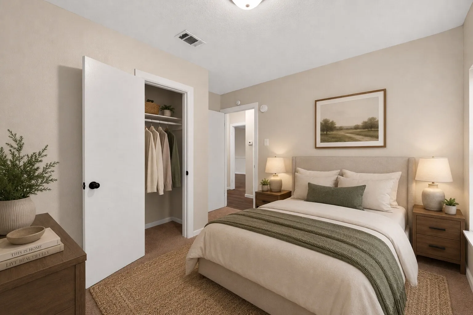 Neutral-toned interior with carpet flooring and light-colored walls