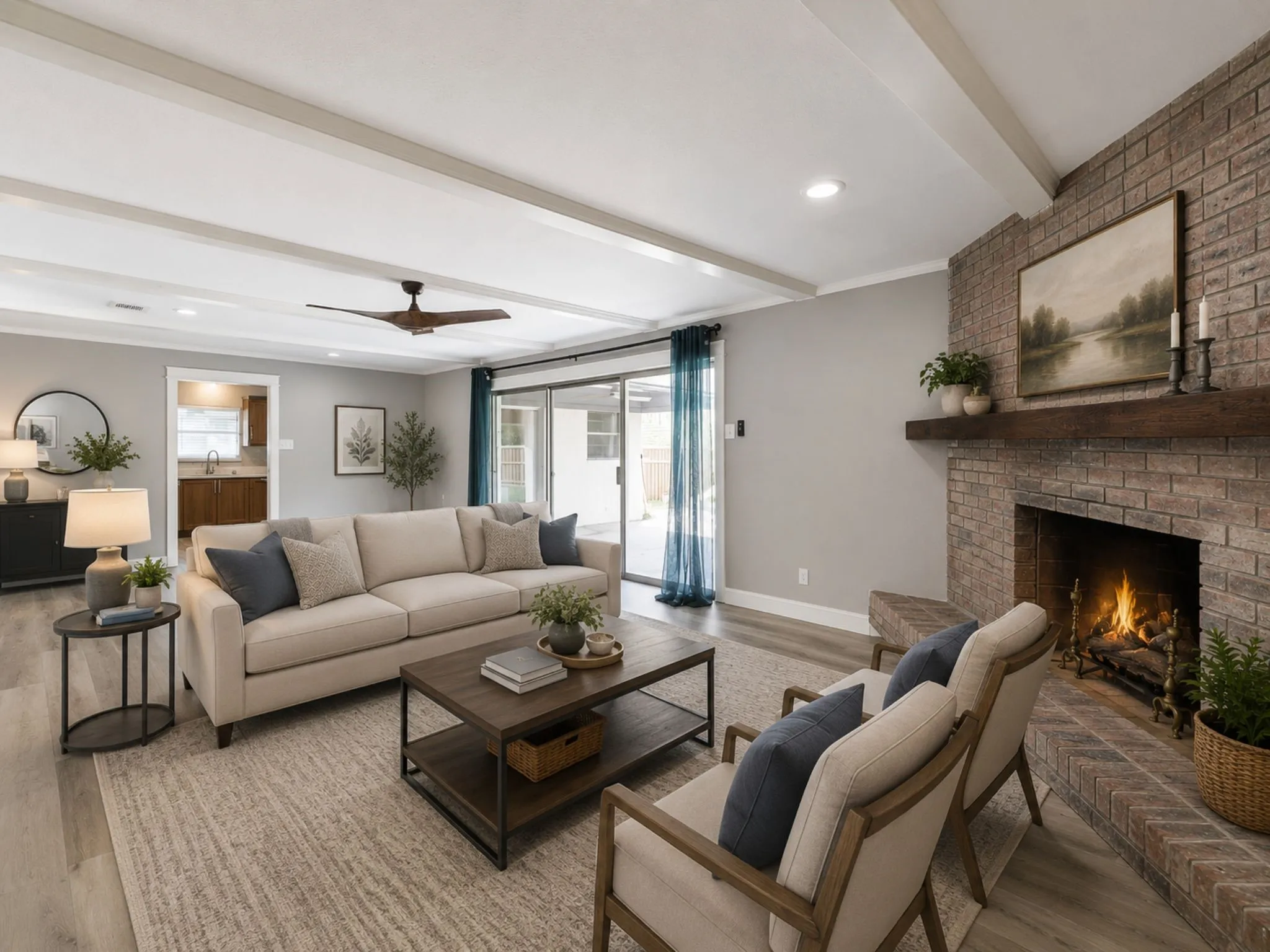 Inviting main living area centered around a beautiful brick fireplace, with abundant natural light and easy access to the covered patio.