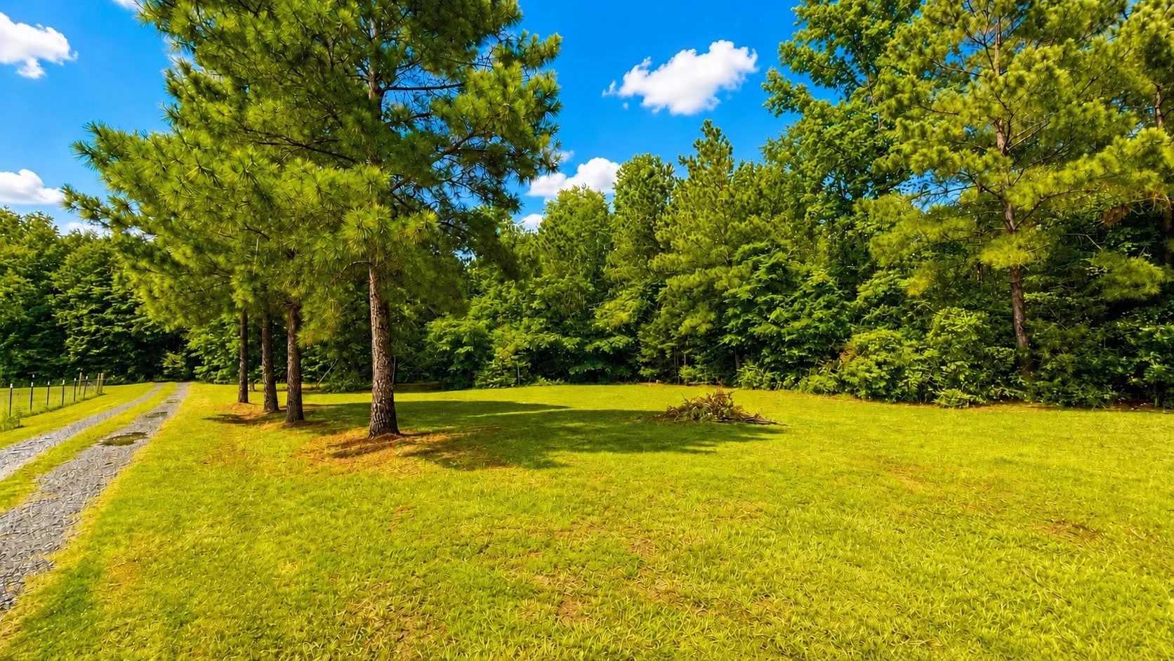 Expansive lawn area bordered by mature trees and dense foliage