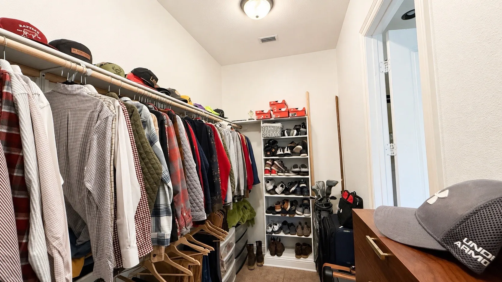 Walk-in closet featuring white walls, wood-finish flooring, and a flush mount ceiling light fixture