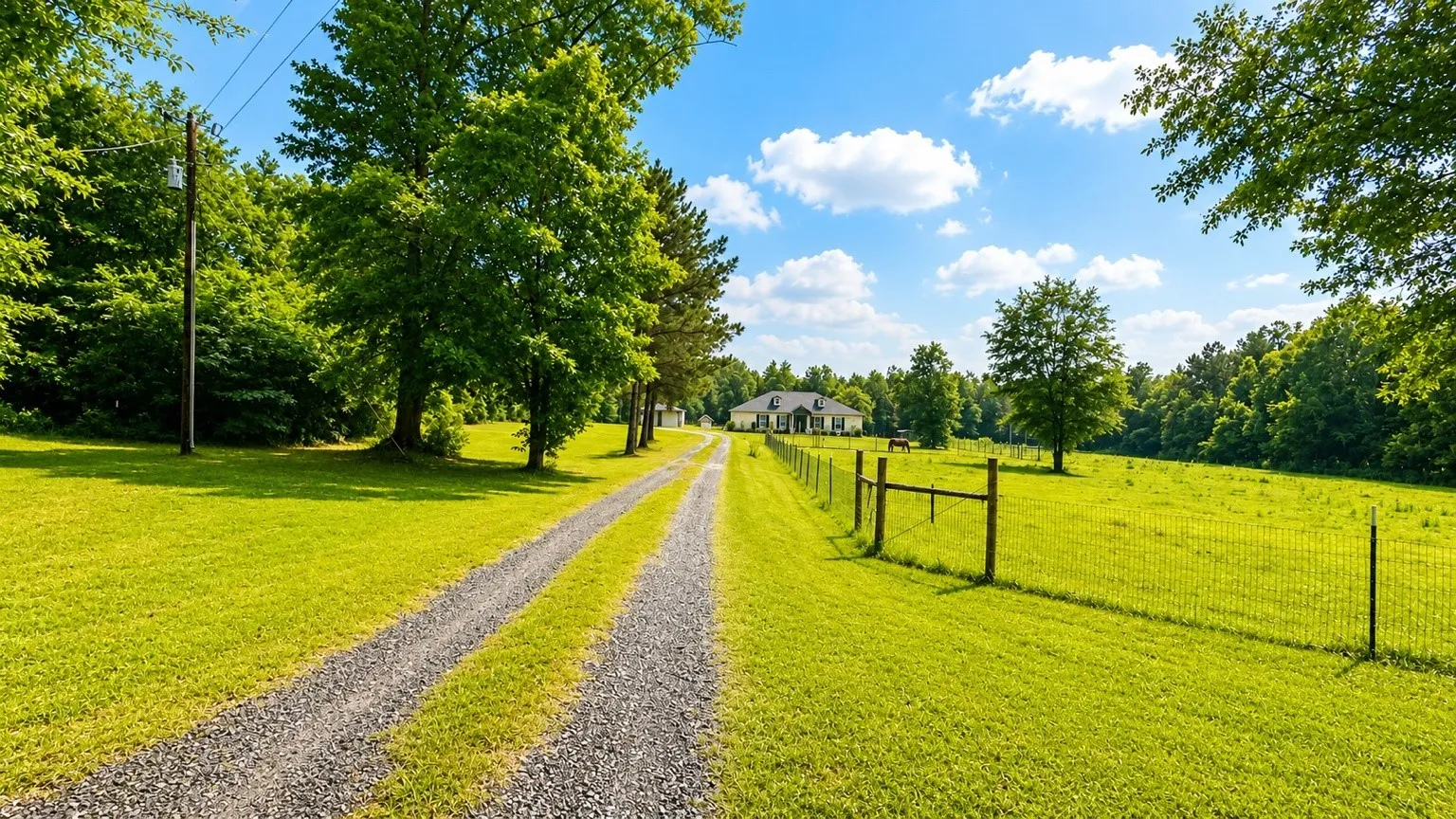 Gravel driveway extending through expansive green lawns, bordered by mature trees and a wire fence