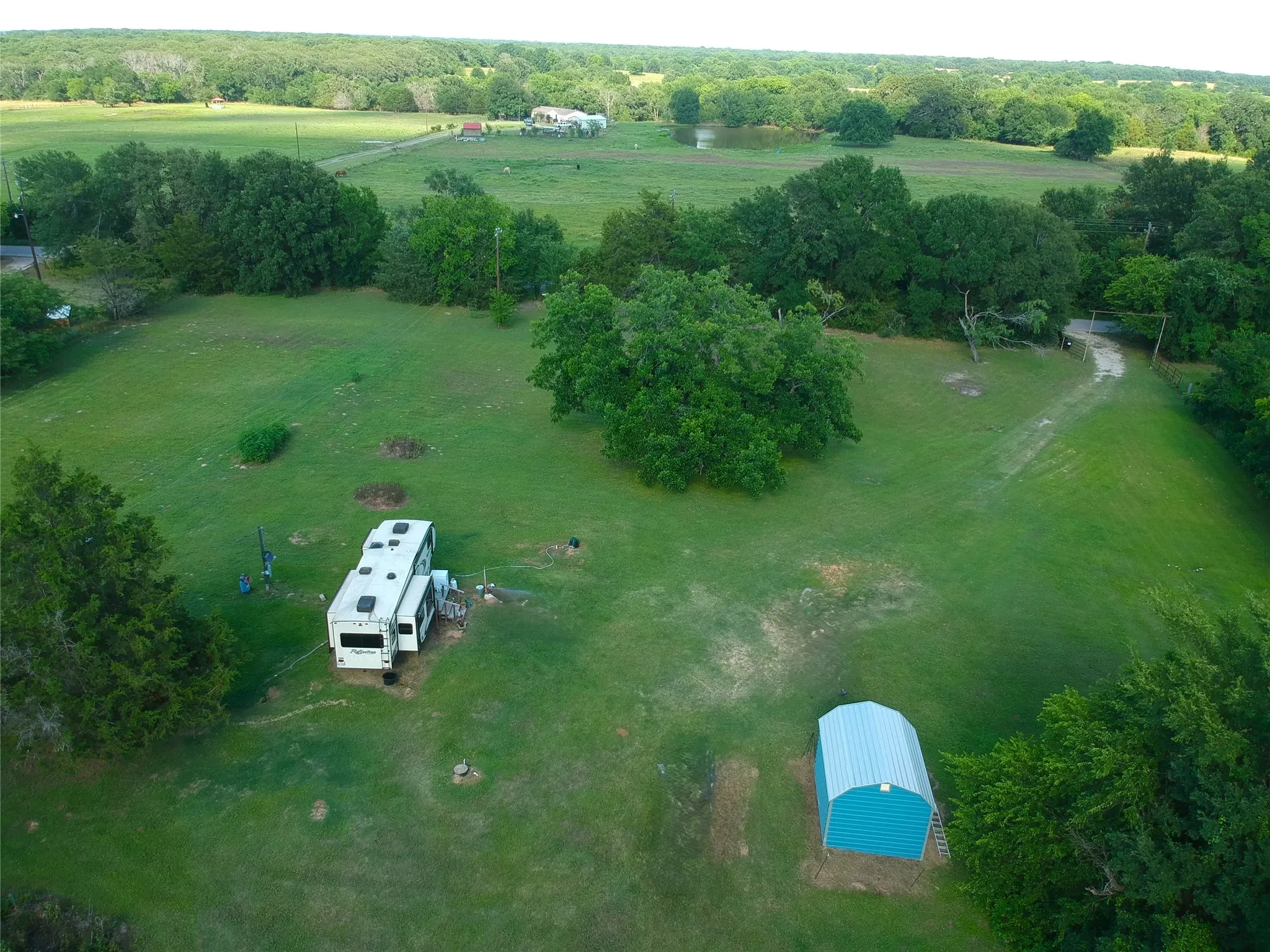 Expansive green acreage featuring a vibrant teal metal storage shed and established​​‌​​​​‌​​‌‌​‌‌​​​‌‌​‌​‌​‌​​​‌​​ trees