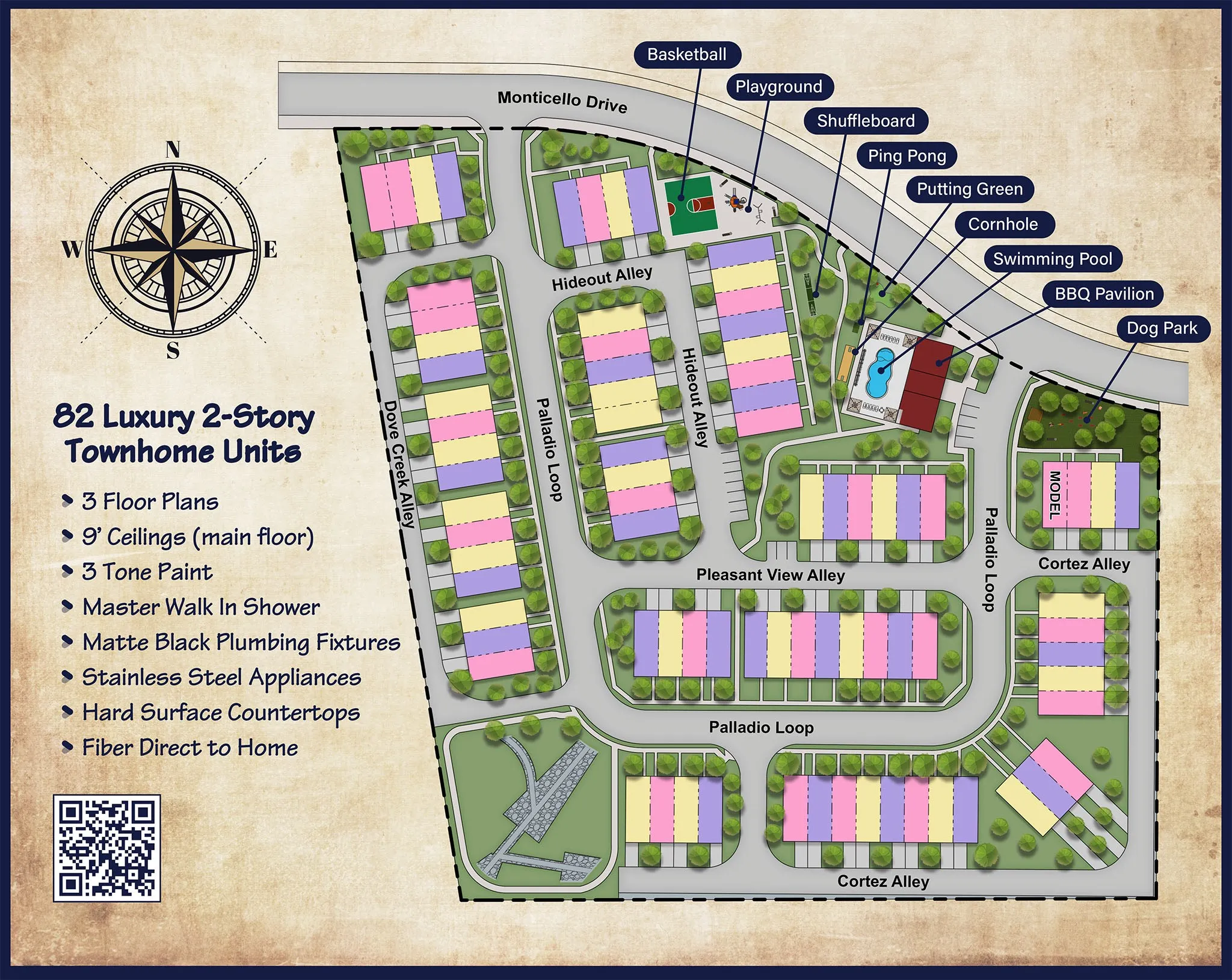 Site Plan. Illustrating the layout of 82 two-story townhome units with associated amenities and property features