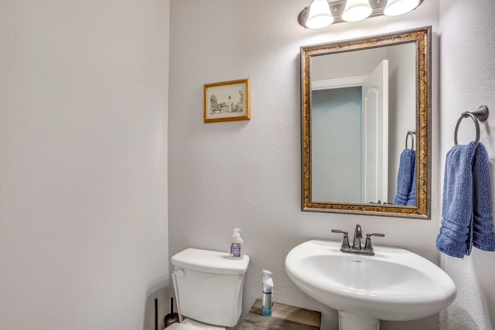 Pedestal sink with dark bronze faucet, framed mirror, and three-light vanity fixture