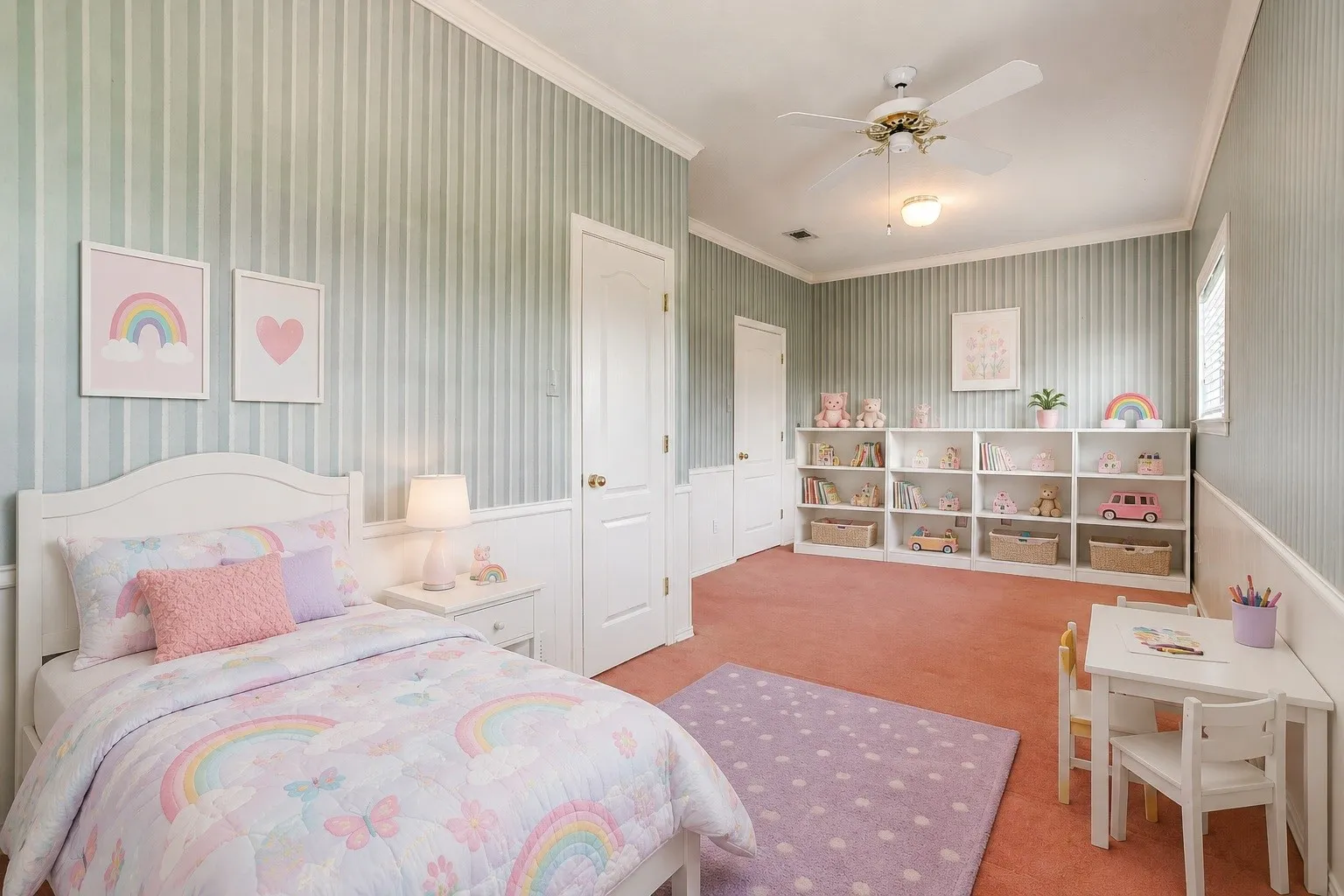 Spacious room with striped wallpaper and white wainscoting. Virtually staged room.