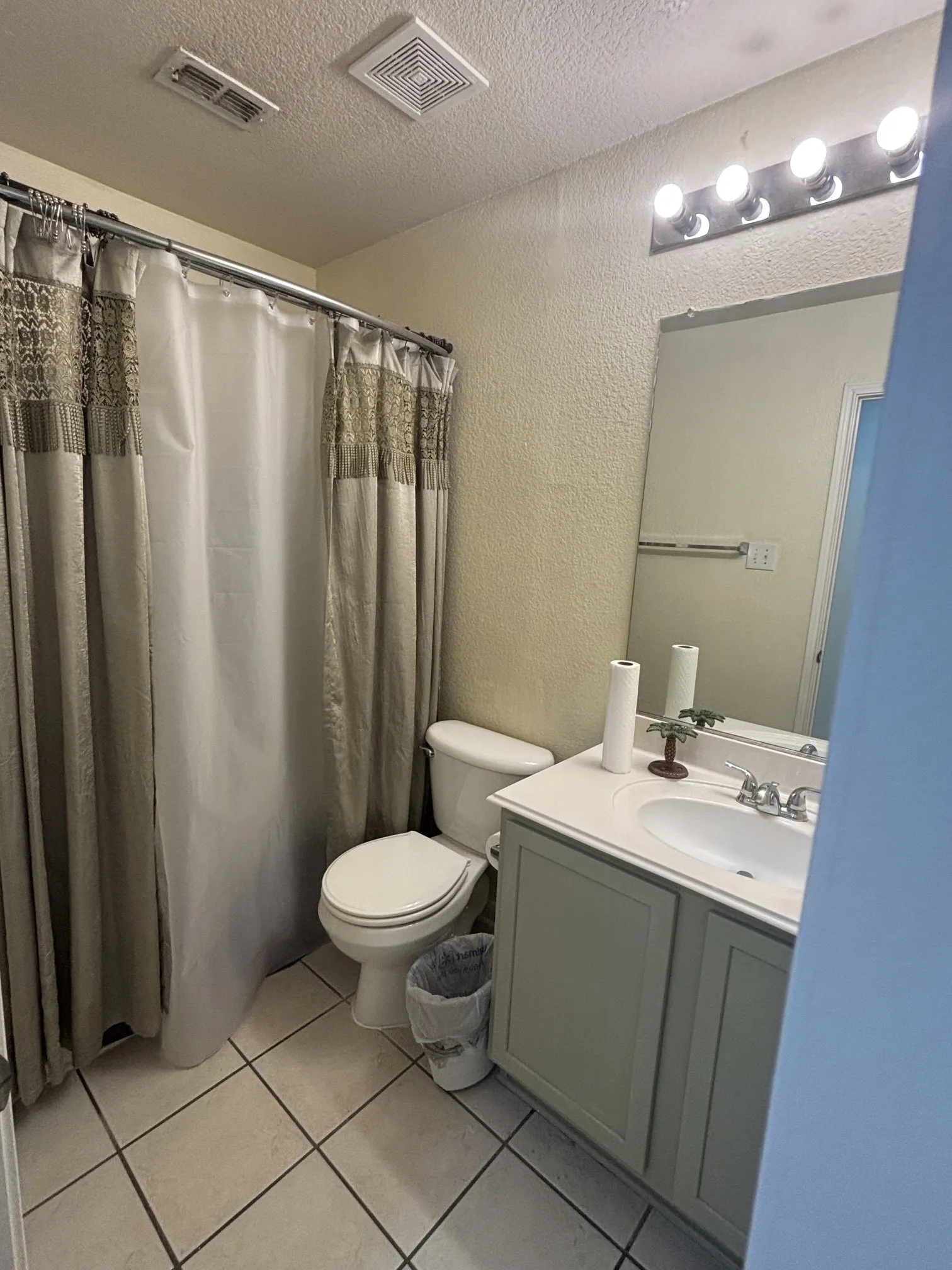 Bathroom featuring a shower with a decorative curtain, a toilet, and a vanity with an integrated sink and base cabinetry