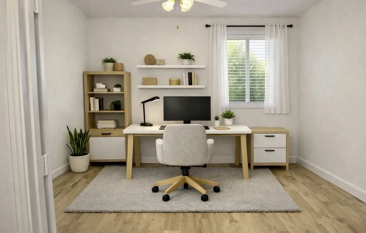 Bright room featuring wood-finish flooring, a ceiling fan, and a window with blinds and sheer curtains