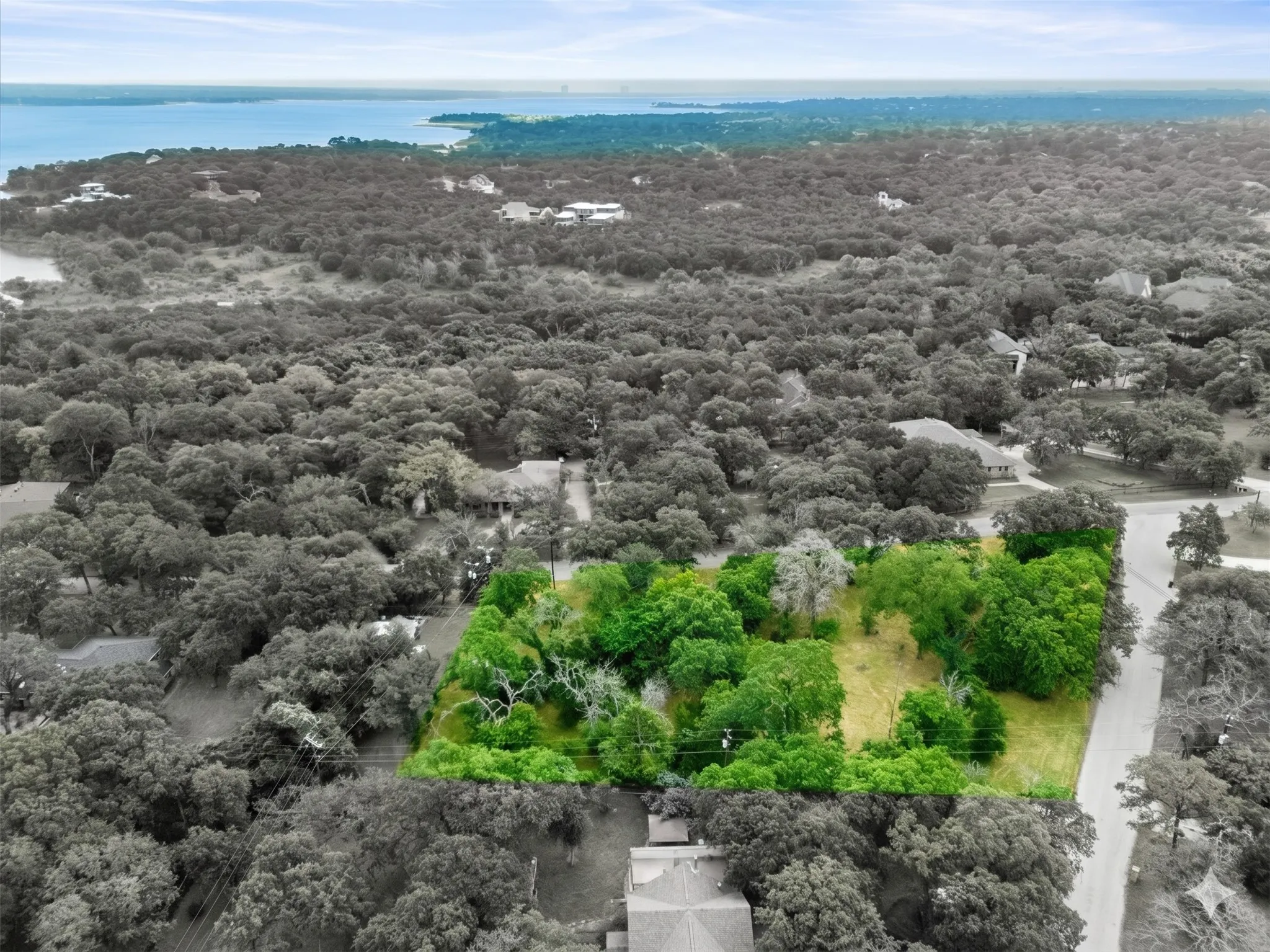 Expansive land parcel featuring mature trees and a clear building site