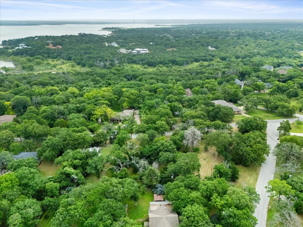 Expansive residential area featuring a dense tree canopy, multiple single-story residences with shingled roofs, and paved roadways