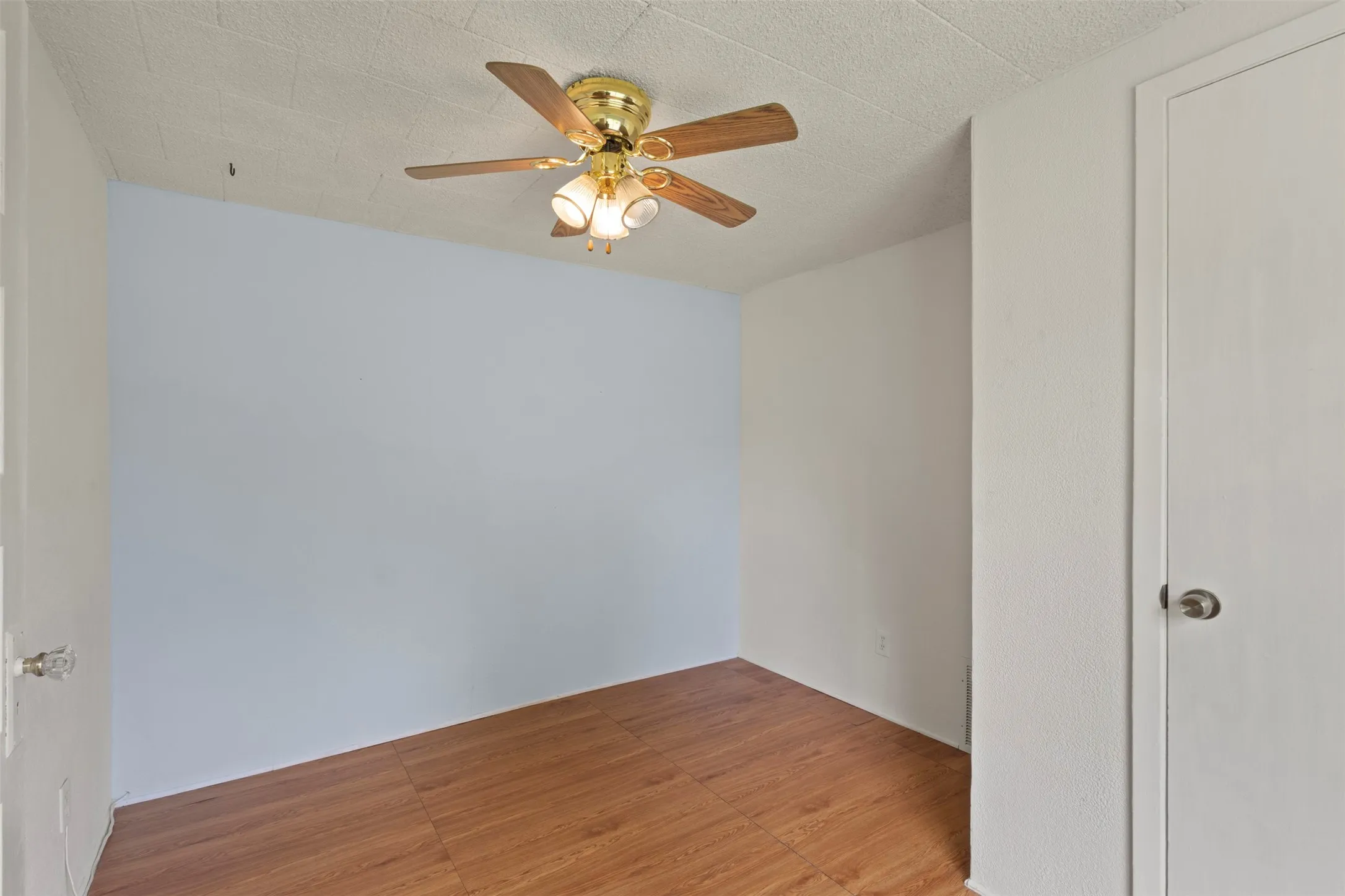 Room featuring wood-finish flooring, a ceiling fan with light fixture, and a solid white door with a round knob