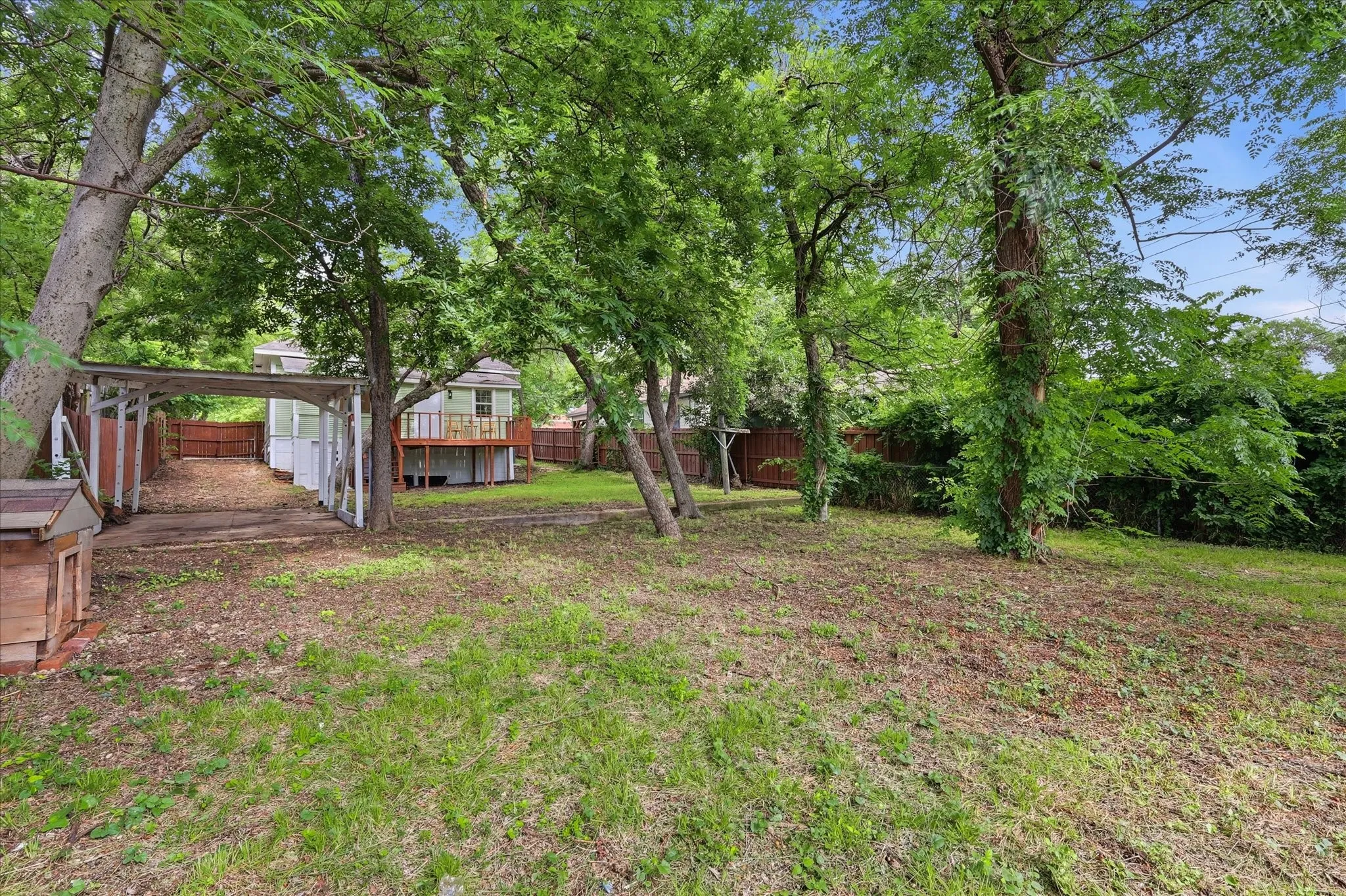 Expansive backyard featuring mature trees providing ample shade, a manicured lawn, and a privacy fence