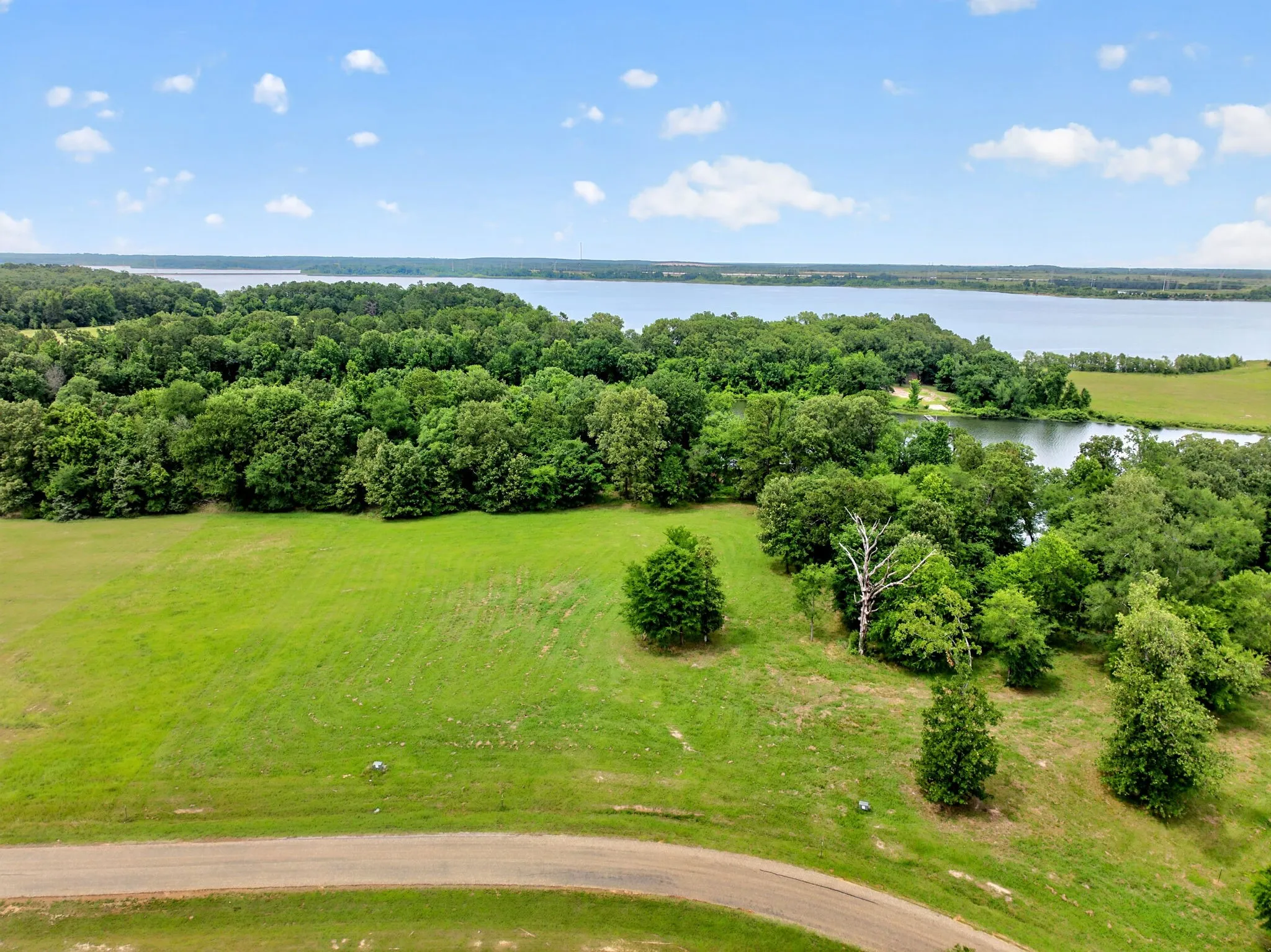 Expansive green landscape featuring a water body, mature trees, and a winding road