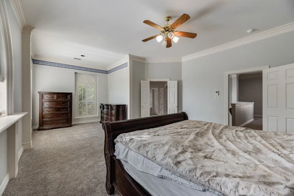 Carpeted room featuring a ceiling fan with light fixture, crown molding, and an arched window with louvered shutters