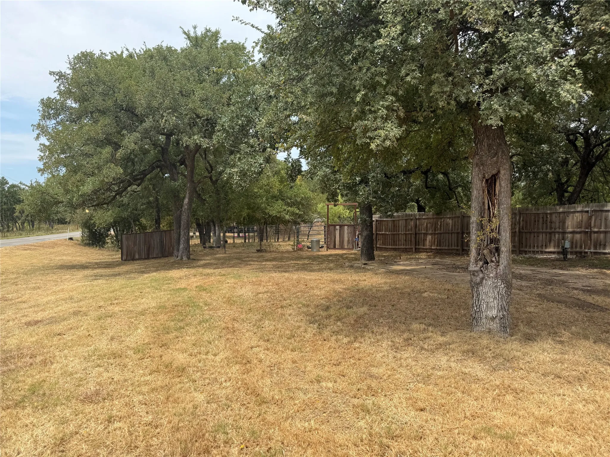 Expansive outdoor space featuring mature trees, a natural landscape, and perimeter fencing