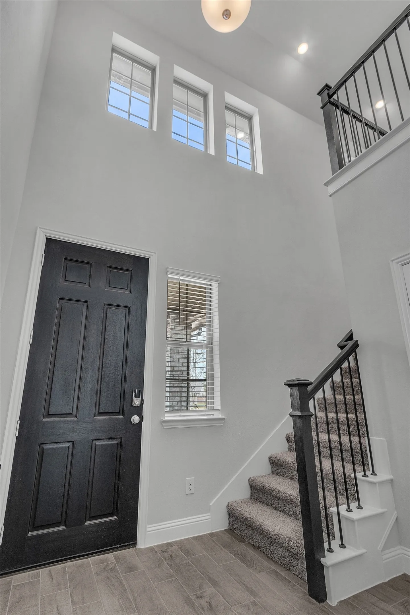 Foyer with a wealth of natural light, wood-type flooring, and a high ceiling