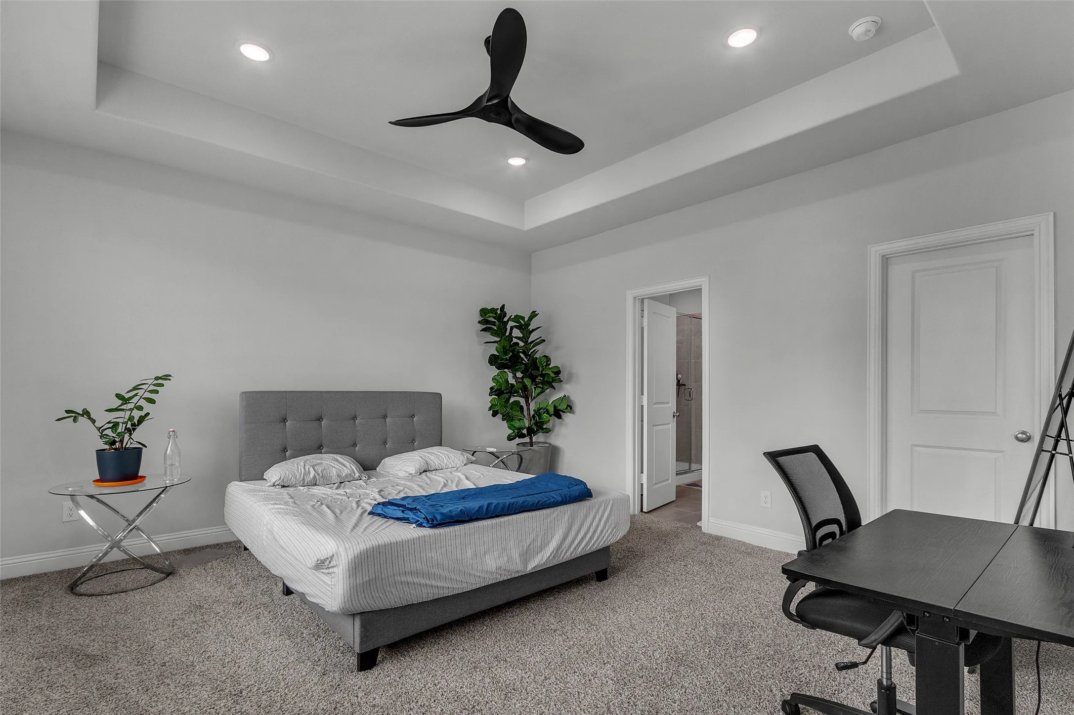 Bedroom featuring ceiling fan, carpet floors, and a tray ceiling