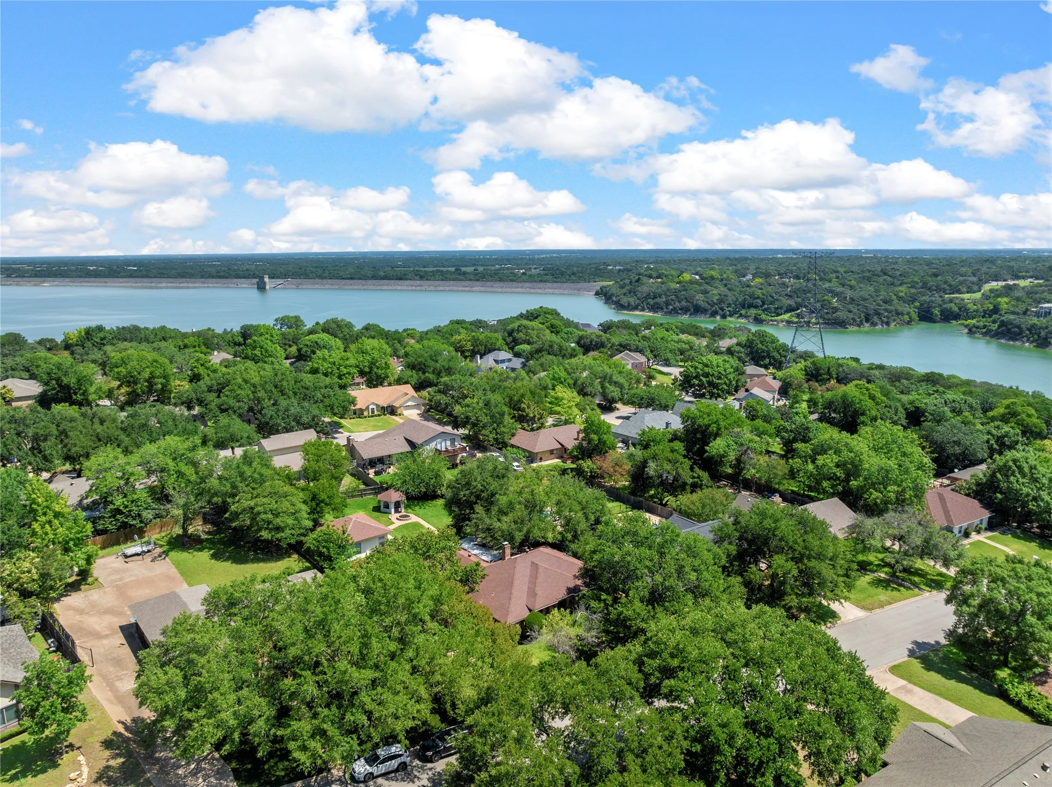 Aerial perspective showcasing a residential area with mature trees and proximity to a large body of water