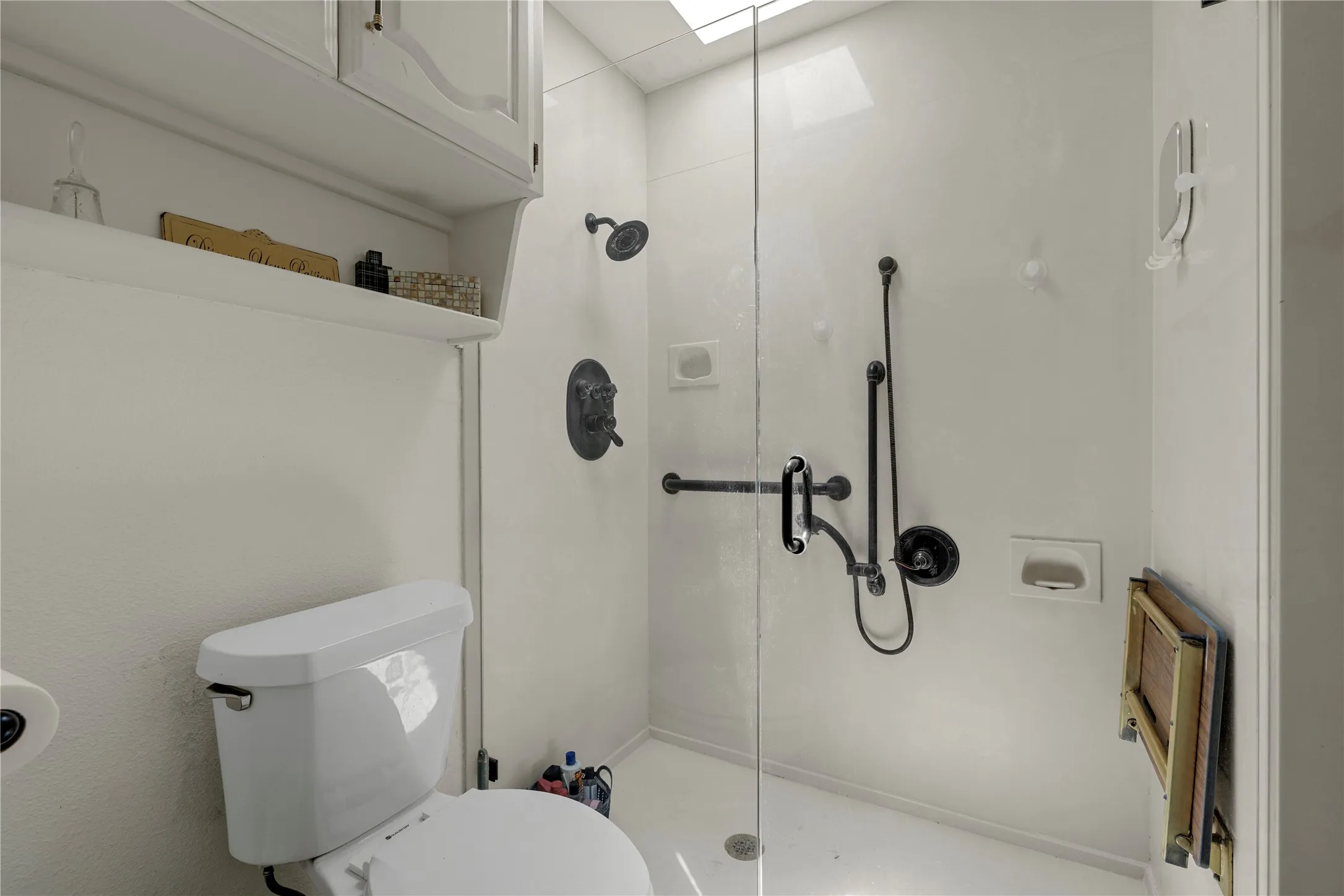 Glass-enclosed shower featuring a skylight, dark bronze fixtures, and integrated grab bars