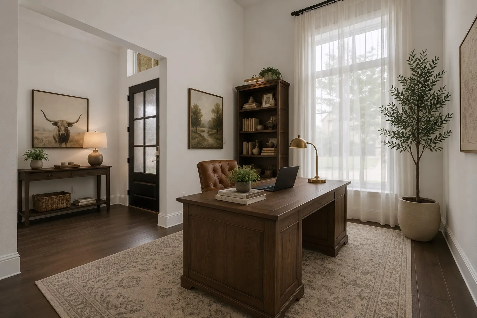 This bright front flex room is ready to become your dream home office, formal sitting area, reading lounge, or creative studio, with tall windows, soft natural light, and a welcoming view of the entry. (Ai Staged)